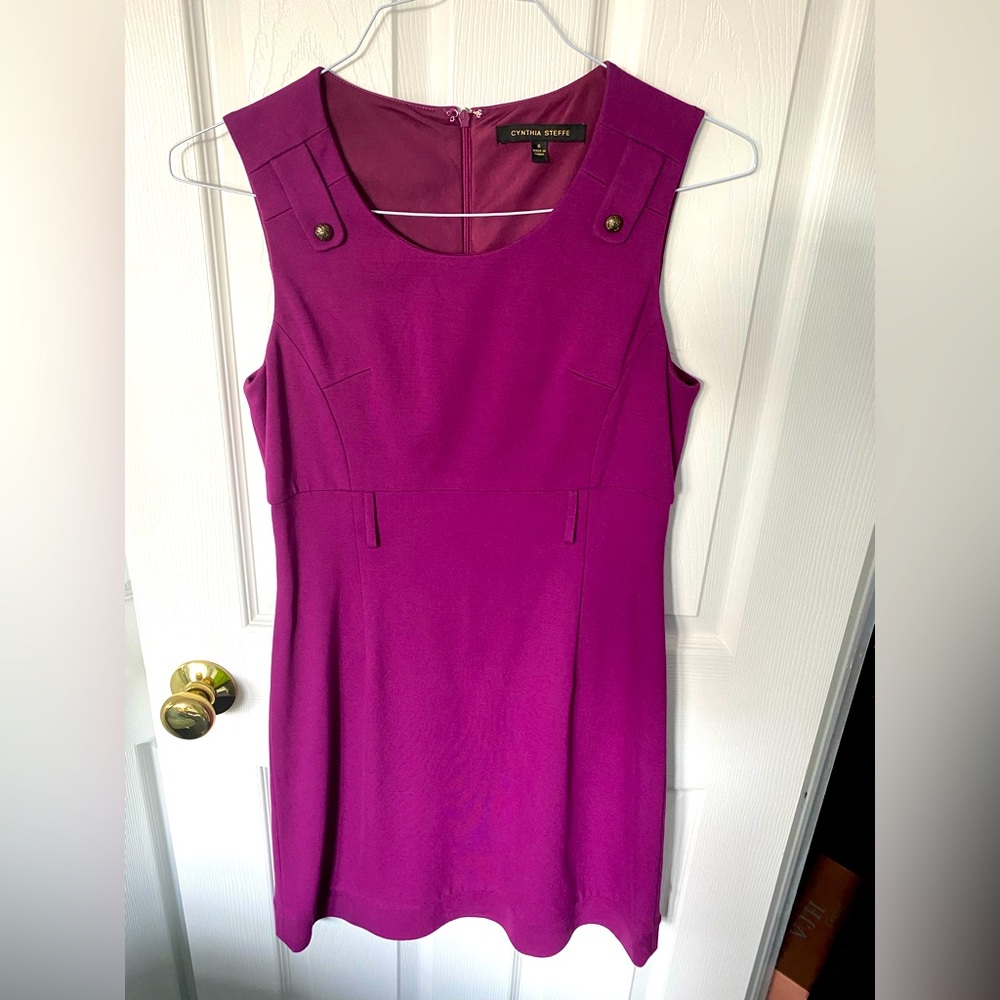 Cynthia Steffe purple sleeveless knee length dress with gold button accents